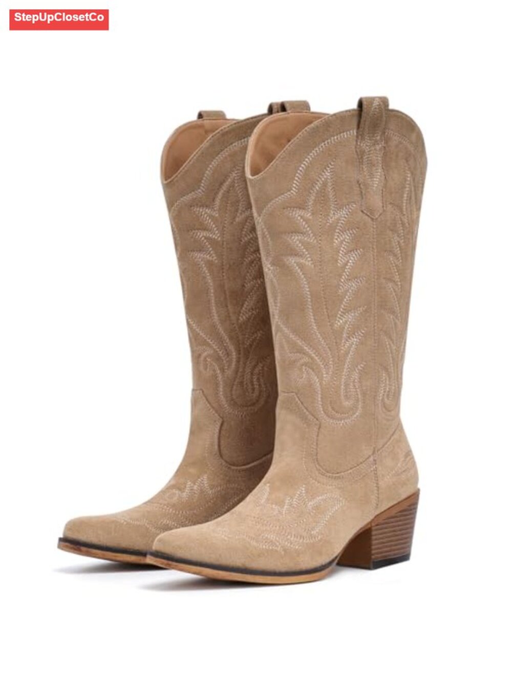 Western Mid Calf Cowboy Boots Faux Leather Embroidered Snip Toe